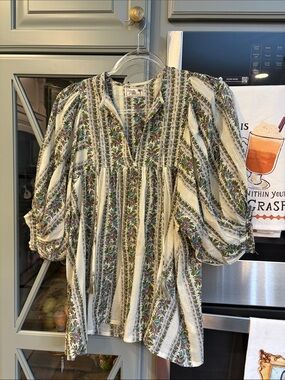Mille Bohemian Prairie Floral Lavender Green Cotton Stripe Peasant Blouse XS